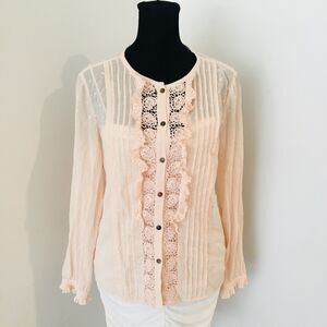 REBECCA TAYLOR Cream Peach Pleated Ruffles Eyelet Lace Semi Sheer Top Blouse 4